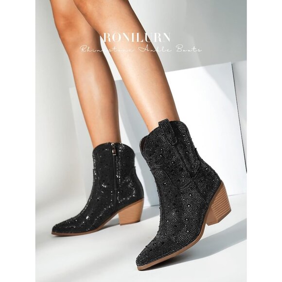 Women Black Rhinestone Western Cowboy Boots Pointed Toe Mid Heel Fashion - Picture 4 of 8
